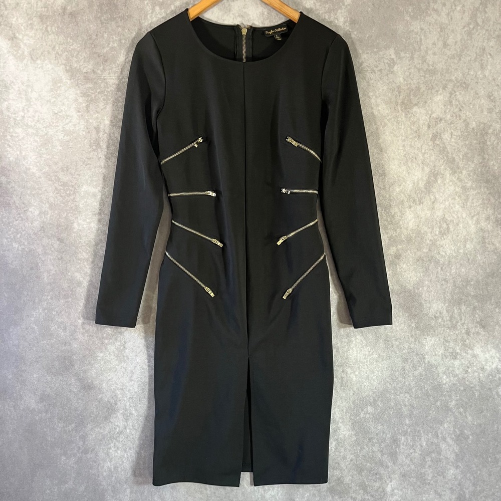 Kaylee Kollection Sheath Dress Womens L Black Multi Zipper‎ Long Sleeve Edgy